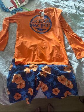 OP Orange Long-Sleeve Top with Blue Floral Shorts Pajama Set